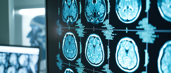 A mesmerizing array of brain MRI scans illuminates the screen, showcasing medical diagnostics - obrazy, fototapety, plakaty
