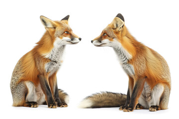 Obraz premium Two terrestrial foxes lock eyes, their snouts quivering with curiosity and wild energy as they stand amidst the vibrant outdoor landscape