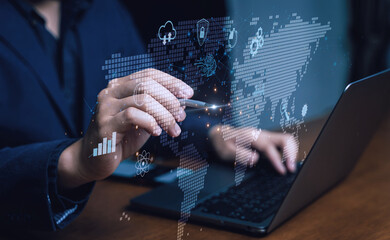 Technology digital and network global connection, Data science, business intelligence. Business man using computer devices with internet global network technology and big data, cloud computing, AI