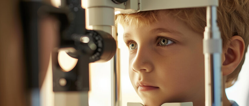 A curious child experiences an eye examination, gazing through the phoropter with innocent wonder.