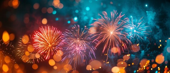 Obraz na płótnie Canvas HAPPY NEW YEAR 2024 - Firework silvester New Year's Eve Party festival celebration holiday background banner greeting card - Closeup of colorful fireworks pyrotechnics in the night