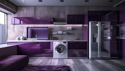 Step into a modern oasis with a striking purple kitchen, complete with a sleek washing machine and cozy rug, framed by stunning cabinetry and bathed in natural light through a large window