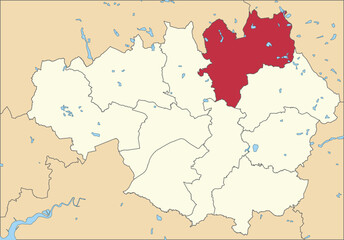 Red flat blank highlighted location map of the METROPOLITAN BOROUGH OF ROCHDALE inside beige administrative local authority districts map of Greater Manchester, England