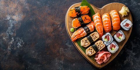 Sushi on the plate. Valentines Day in restaurants concept