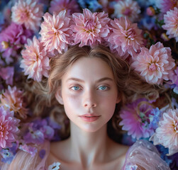 Woman lying in a bed of flowers. A serene woman rests in a garden of vibrant flowers, her face adorned with delicate petals as she becomes one with the natural beauty surrounding her
