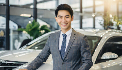 Young happy salesman working at car dealership and looking at camera. checking automobile before buying it