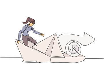 Continuous one line drawing businesswoman boarded a paper boat loaded with rolls of paper bills and almost drowned. Spending more than income. Large pegs than poles. Single line vector illustration