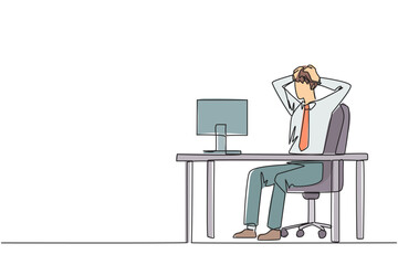 Single one line drawing of stressful businessman sitting in work chair is holding his head with both hands. In front of monitor face the reality of many unpaid bills. Continuous line design graphic