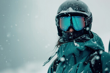 A bundled up person prepares to hit the slopes, donning a protective helmet and goggles for their snowy outdoor adventure in the winter wonderland