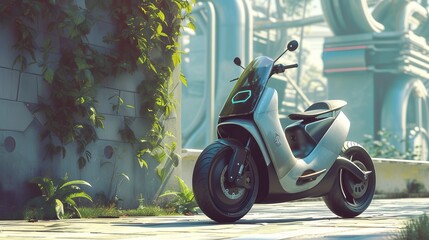 An artistic depiction of an eco-friendly, electric vehicle, such as an electric motorcycle or scooter, in a clean, urban environment. Vehicle efficiency and low environmental impact are emphasized. - obrazy, fototapety, plakaty