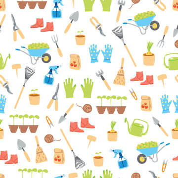 Seamless pattern with hand drawn gardening tools, agriculture equipment. Springtime wallpaper, horticulture concept