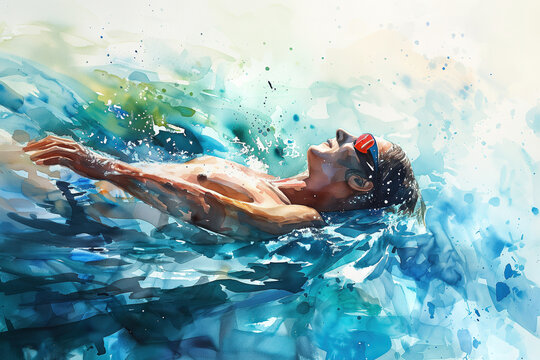 A skilled swimmer gracefully glides through the shimmering blue waters of an outdoor pool, captured in a breathtaking painting that celebrates the beauty of sport and the art of movement