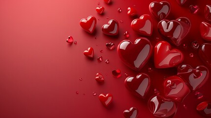 Glossy 3D hearts of various sizes on a deep red gradient background, perfect for Valentine's Day themes