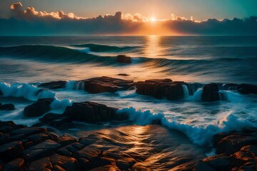 The first light of day breaking over the Atlantic coastline, the sky painted in vibrant colors, reflecting off the ocean's surface, creating a breathtaking landscape