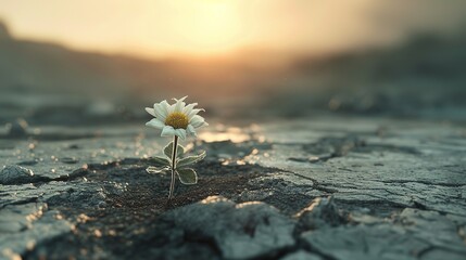 Hope in depression, a tiny blooming flower in a desolate landscape  , subdued colors, geometric style, stark contrast, simplistic design, message of resilience  - obrazy, fototapety, plakaty