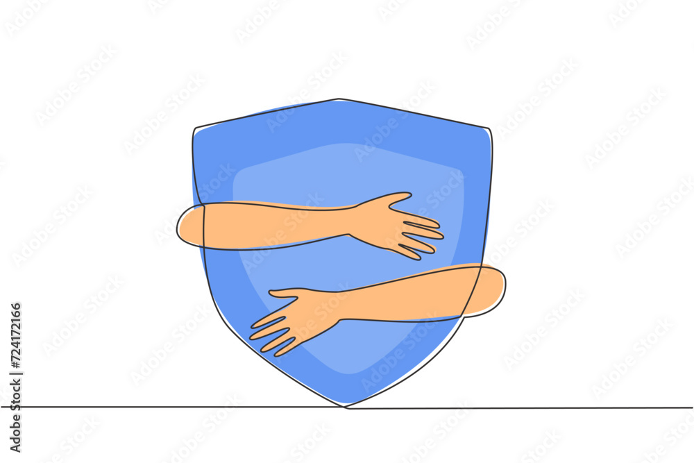 Poster continuous one line drawing human hands hugging shield. network security is needed in a business. pr