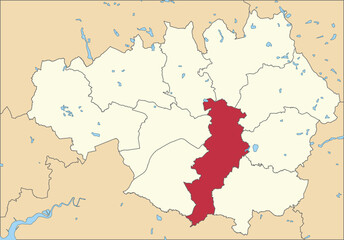 Red flat blank highlighted location map of the METROPOLITAN BOROUGH OF MANCHESTER inside beige administrative local authority districts map of Greater Manchester, England