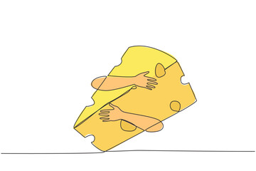 Single continuous line drawing hands hugging cheese. Foods made from milk go through a coagulation process. Milk that comes from cows, goats, camels or even horses. One line design vector illustration