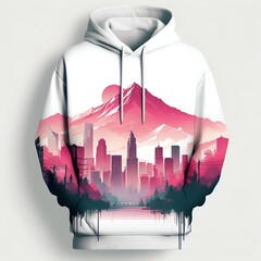 minimalist, jacket  design with a twist, a sleek and colour City silhouette against a faded,  jungle  is painting about nature, awosome, bright. pure White background