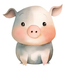 Naklejka premium Watercolor illustration of a cute cartoon pig. Piglet, farm animals, baby animals. Simple, naive style. Transparent background, png