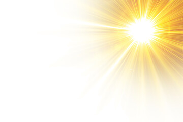 Bright Sunburst Sunlight  with Rays on Isolated White Background, Front Sun Lens Flash with Transparent Sunlight Effect