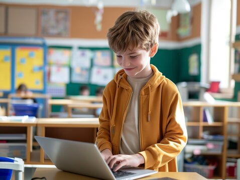 Boy doing homework on laptop at school.