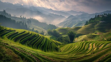 On the Longji terraces, under the morning sunshine, the terraces are layered like a natural picture scroll - obrazy, fototapety, plakaty