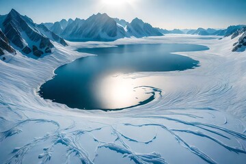 An aerial view of a sprawling frozen lake, surrounded by a circle of rugged, snow-covered mountains, the entire area bathed in the soft light of early morning