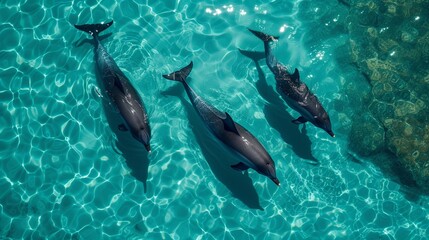 Photo of three dolphins swimming gracefully in turquoise waters. - obrazy, fototapety, plakaty