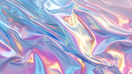 Fototapeta premium Abstract background with colourful iridescent holographic foil. Trendy 2yk fashion banner, pastel silver metallic wallpaper