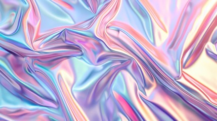 Abstract background with colourful iridescent holographic foil. Trendy 2yk fashion banner, pastel silver metallic wallpaper