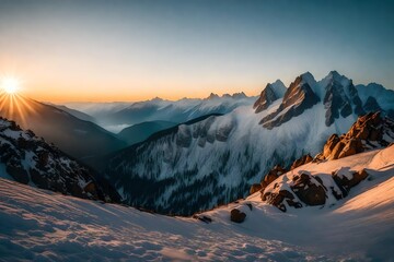 A panoramic shot of a high mountain in the early hours, the landscape bathed in the delicate light of sunrise,  its natural splendor.