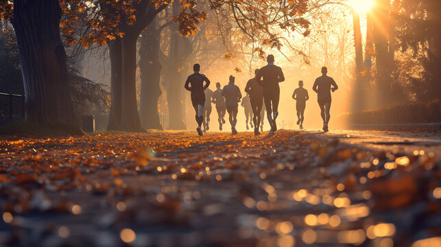 A group of runners running at sunrise in the park during autumn.