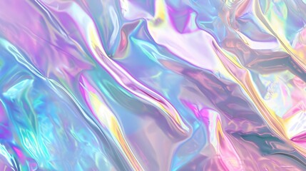 Abstract background with colourful iridescent holographic foil. Trendy 2yk fashion banner, pastel silver metallic wallpaper