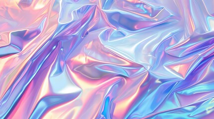 Abstract background with colourful iridescent holographic foil. Trendy 2yk fashion banner, pastel silver metallic wallpaper