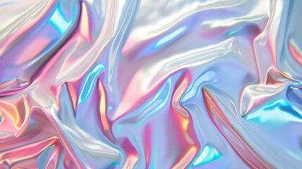 Abstract background with colourful iridescent holographic foil. Trendy 2yk fashion banner, pastel silver metallic wallpaper