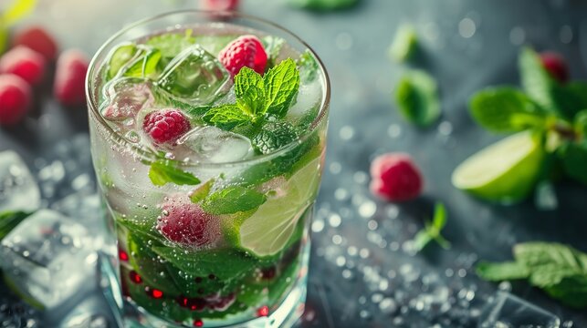 Refreshing mint cocktail mojito consisting of rum, lemon, mint, thyme, ice and raspberry. Summer fresh drink with or without alcohol in luxury Michelin culinary style
