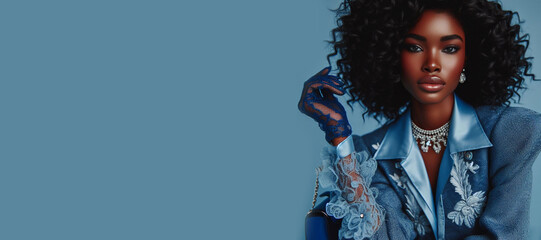 Stylish african american woman in dress looking at camera isolated on blue.