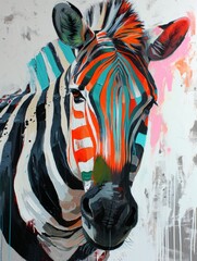 Generative AI image of an oil painting of a zebra with a colorful head