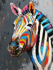 Fototapeta na wymiar Generative AI image of an oil painting of a zebra with a colorful head