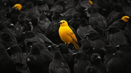 There is a yellow bird in the middle of the black flock, comic 