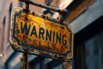 Vergangene Warnungen: Heruntergekommenes Schild mit der Aufschrift 'WARNING' vermittelt nostalgische Authentizität und erzählt Geschichten vergangener Zeiten. - obrazy, fototapety, plakaty