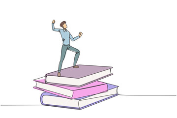 Single continuous line drawing of young businessman standing on stacks of giant books fist hands up. Reading improves his skills in business world to become a successful entrepreneur. One line design