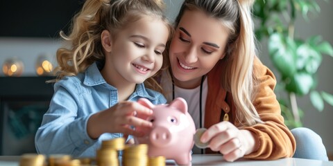 Happy mother helping daughter to put money in a piggy bank