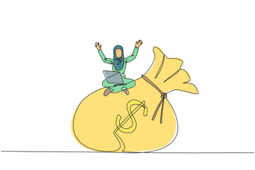 Continuous one line drawing of young Arabian businesswoman sitting on giant money bag while putting her laptop on thighs. Got additional bonuses for employees who exceed business targets. Single line