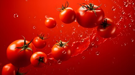 Lots of fresh tomatoes fly on red background