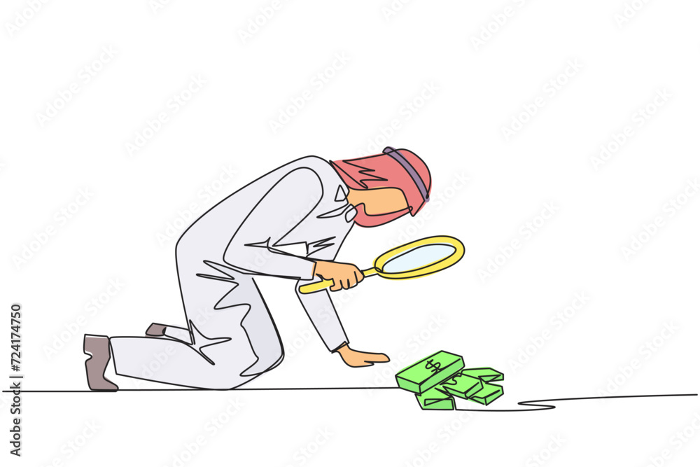 Poster continuous one line drawing arabian businessman holding magnifying glass looking at laptop computer.