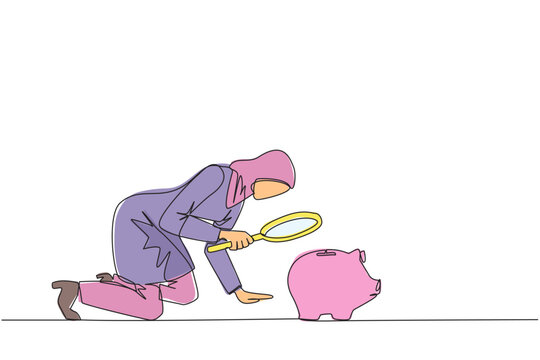 woman examining pink piggy bank with magnifying glass clip art preview