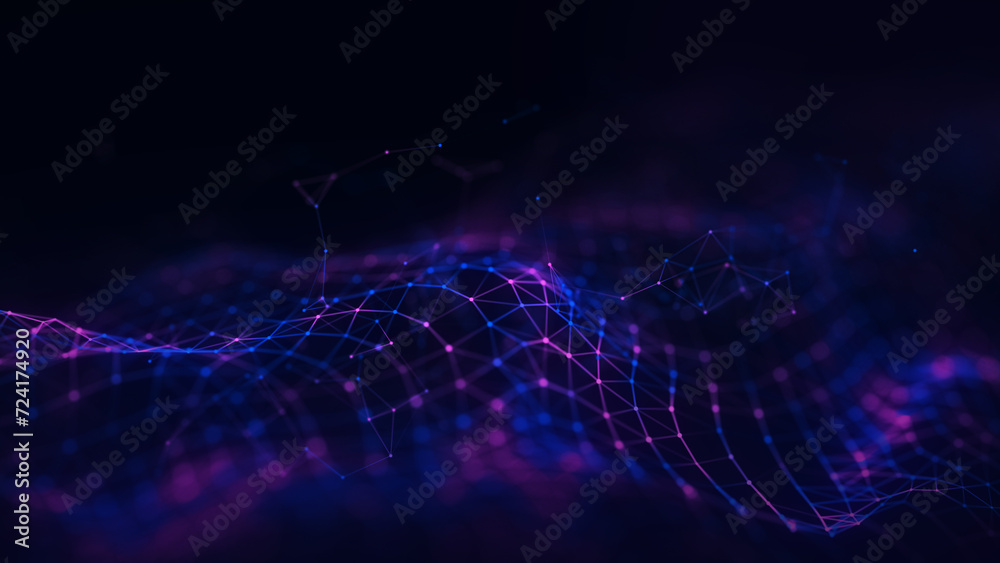 Poster abstract technology wave with dots and lines. flow of particles. big data transfer visualization. 3d