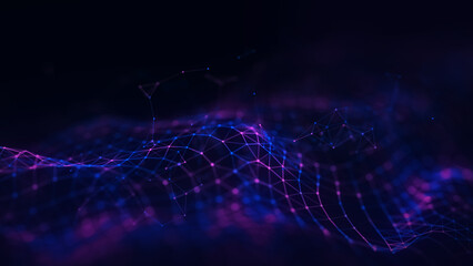 Abstract technology wave with dots and lines. Flow of particles. Big data transfer visualization. 3d rendering.